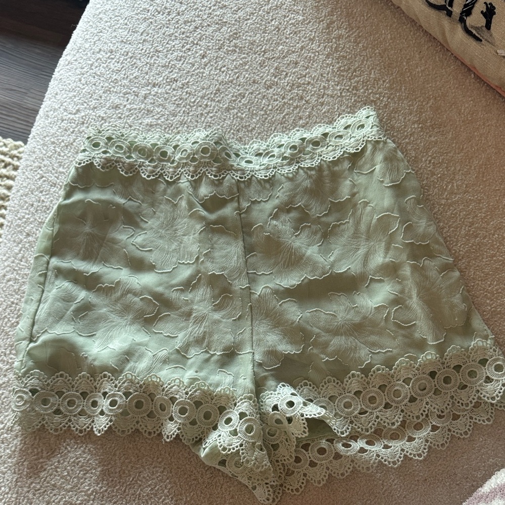Francesca’s boutique- Blue Rain Women's Lace Trim Shorts - Light Green
